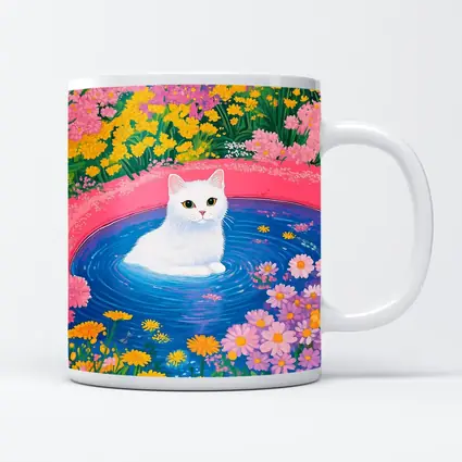 White Cat Sitting in Floral Garden Pool