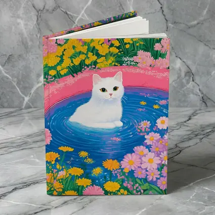 White Cat Sitting in Floral Garden Pool