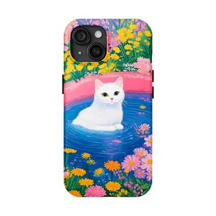 White Cat Sitting in Floral Garden Pool