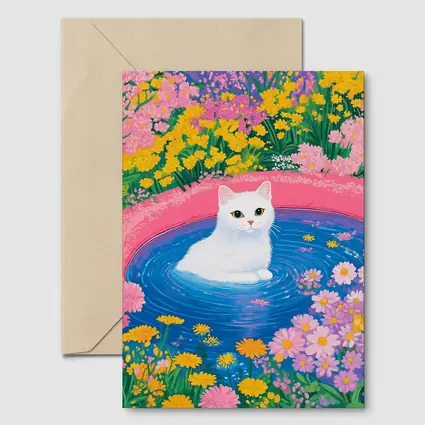 White Cat Sitting in Floral Garden Pool