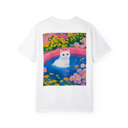 White Cat Sitting in Floral Garden Pool