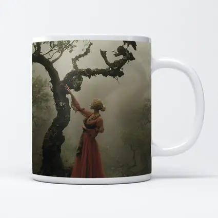 Woman With Red Bird Misty Forest
