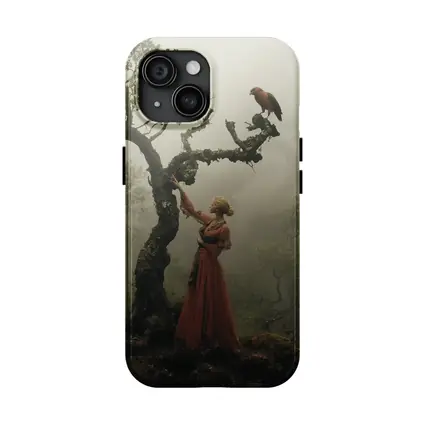 Woman With Red Bird Misty Forest