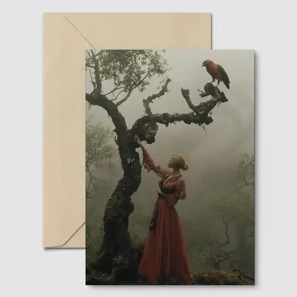 Woman With Red Bird Misty Forest