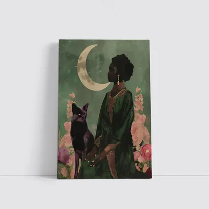 Black Fox Woman Crescent Moon Green Art