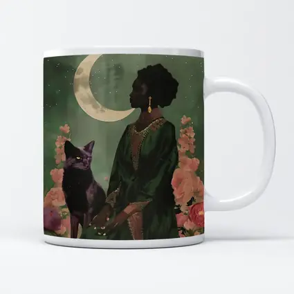 Black Fox Woman Crescent Moon Green Art
