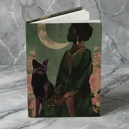 Black Fox Woman Crescent Moon Green Art