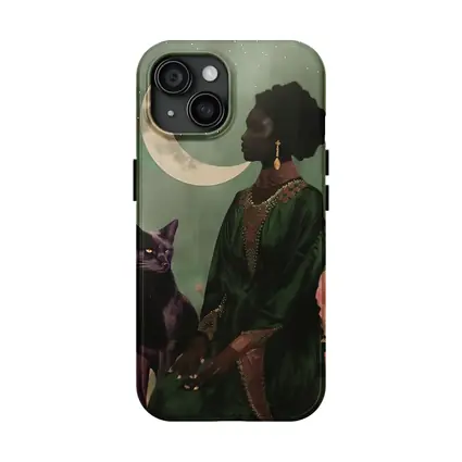 Black Fox Woman Crescent Moon Green Art