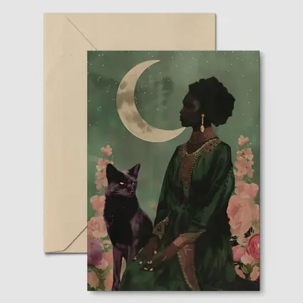 Black Fox Woman Crescent Moon Green Art