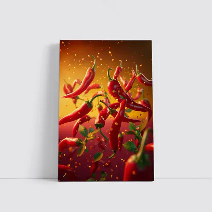 Red Chili Peppers Flying Orange Background