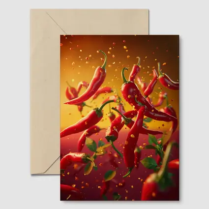 Red Chili Peppers Flying Orange Background