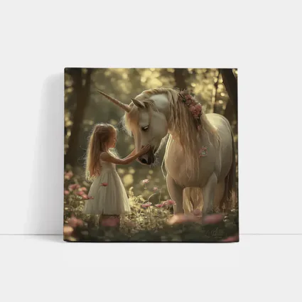 Little Girl and Unicorn Forest Fantasy