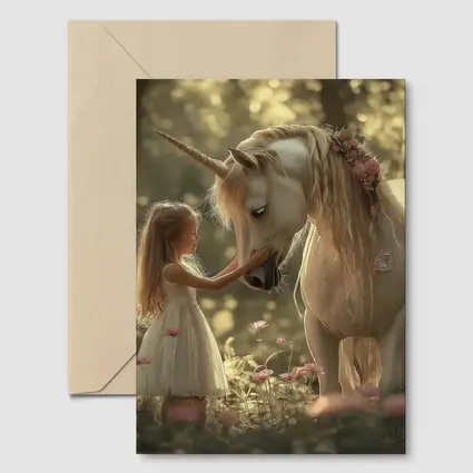 Little Girl and Unicorn Forest Fantasy