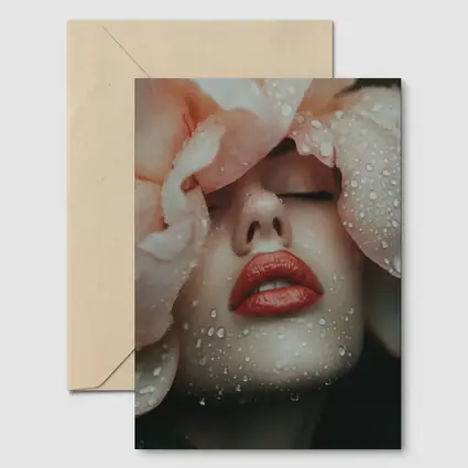 Woman Face Peony Petals Water Drops