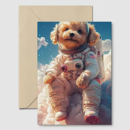 Poodle Puppy Astronaut Floating Among Clouds