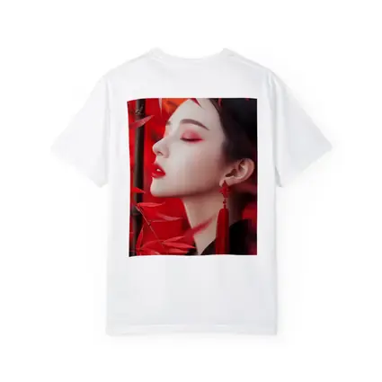 Asian Woman Red Bamboo Leaves Portrait Art