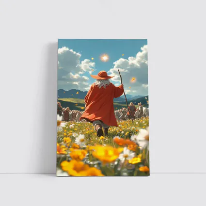 Wizard Walking Through Colorful Flower Field