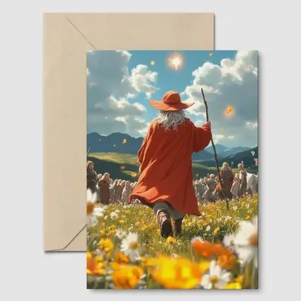 Wizard Walking Through Colorful Flower Field