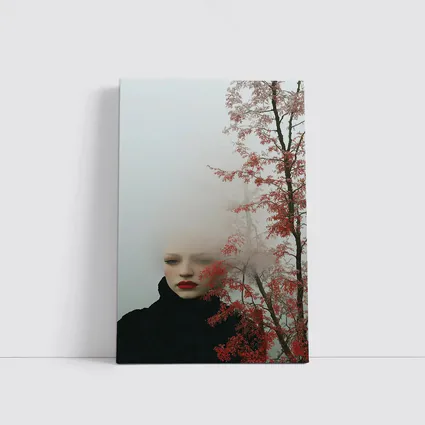 Woman Red Lips Foggy Autumn Trees Portrait