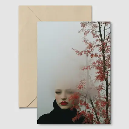 Woman Red Lips Foggy Autumn Trees Portrait