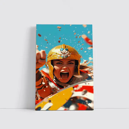 Fierce Female Warrior Gold Helmet Blue Sky