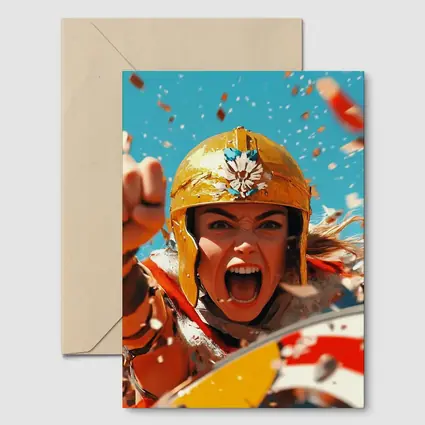 Fierce Female Warrior Gold Helmet Blue Sky