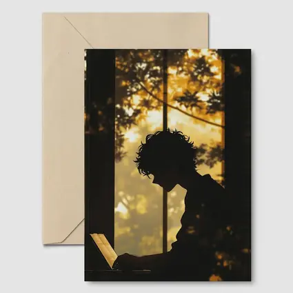 Person Silhouette Reading By Autumn Forest Window