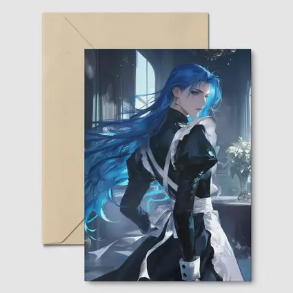 Anime Male Blue Hair Black Outfit Interior