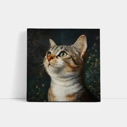 Tabby Cat Portrait Dark Floral Background