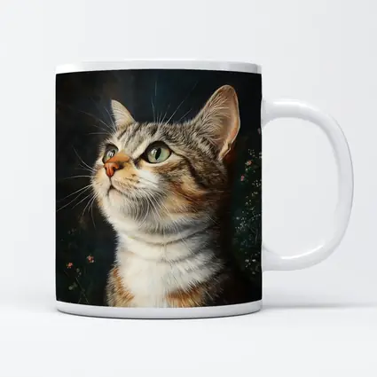 Tabby Cat Portrait Dark Floral Background