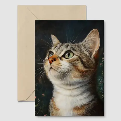 Tabby Cat Portrait Dark Floral Background