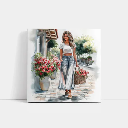 Fashion Woman Walking Street Watercolor Art