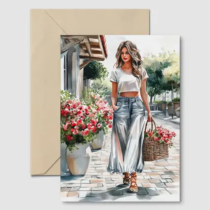 Fashion Woman Walking Street Watercolor Art