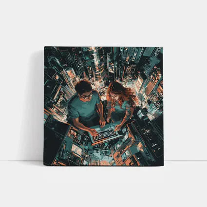 Two People Working Laptop Night City