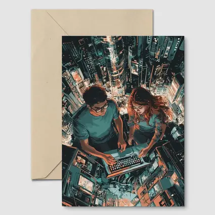 Two People Working Laptop Night City