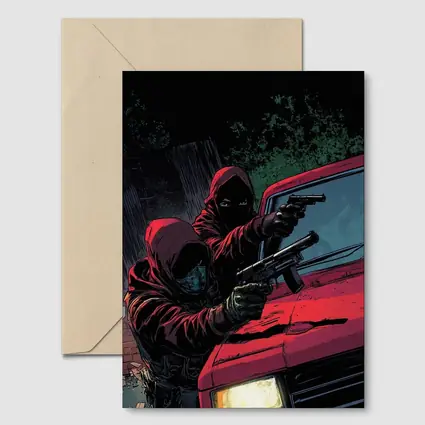 Masked Gunman Red Car Comic Art