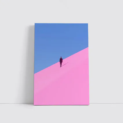 Man in Suit Climbing Pink Sand Dune