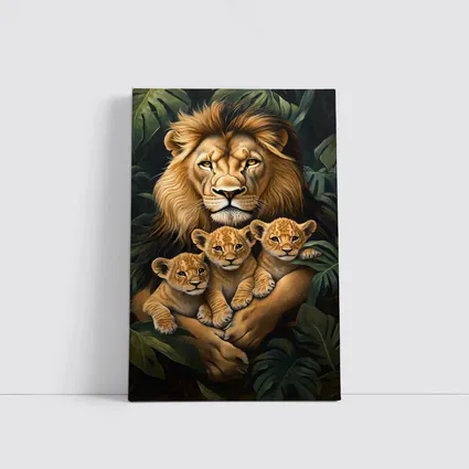 Lion Father Holding Three Cubs Jungle
