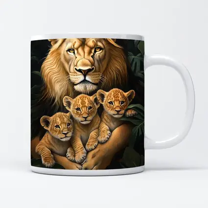Lion Father Holding Three Cubs Jungle