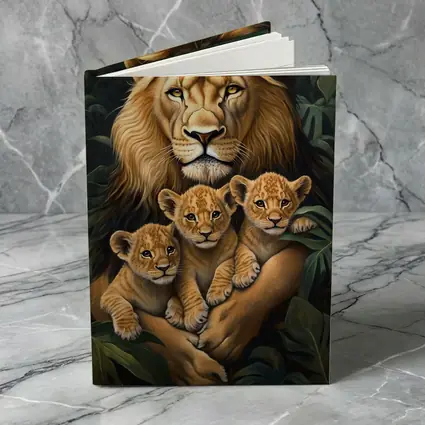 Lion Father Holding Three Cubs Jungle
