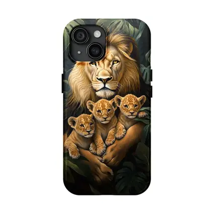 Lion Father Holding Three Cubs Jungle