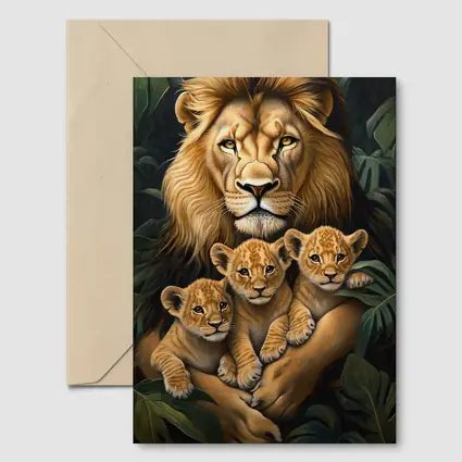 Lion Father Holding Three Cubs Jungle