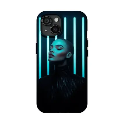 Woman Portrait Teal Neon Lights Dark Background