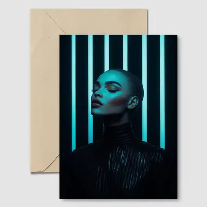 Woman Portrait Teal Neon Lights Dark Background