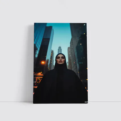 Muslim Woman in Black City Skyline