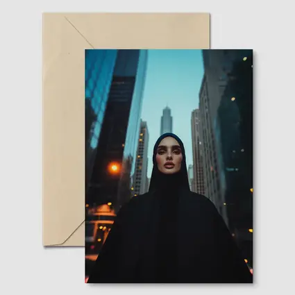 Muslim Woman in Black City Skyline