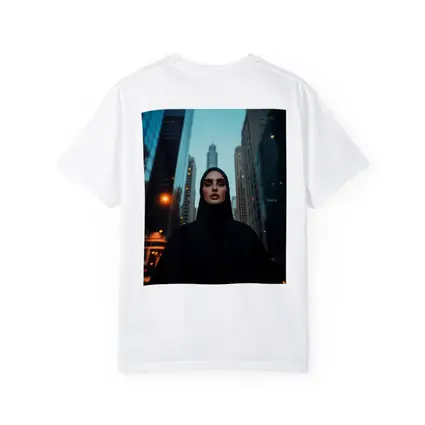 Muslim Woman in Black City Skyline