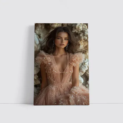 Elegant Woman Pearl Tulle Dress Rocky Background