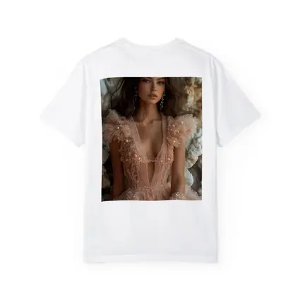 Elegant Woman Pearl Tulle Dress Rocky Background