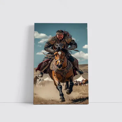 Mongol Warrior Riding Horse Across Dusty Steppe